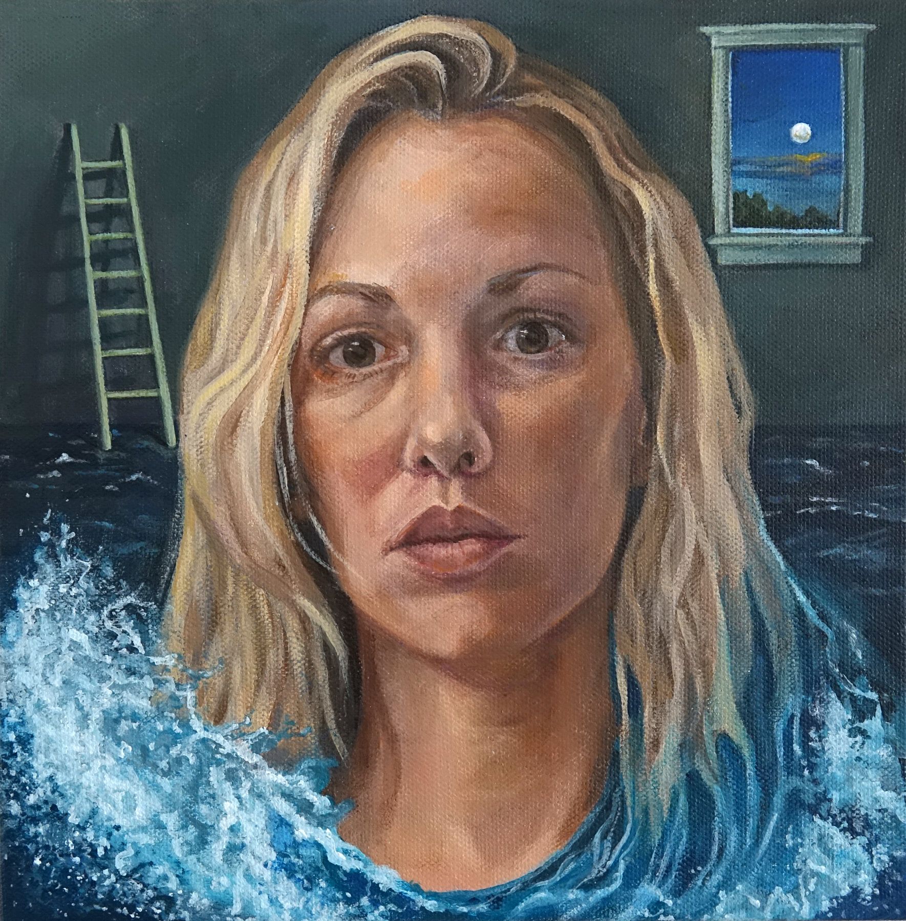 The album cover is a painted portrait of Lauren with water crashing in and around her. There is a ladder in the back left corner, and a window looking into the night in the right corner.